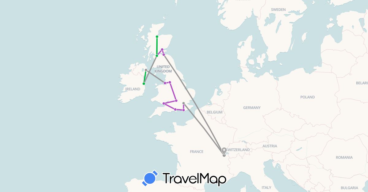 TravelMap itinerary: driving, bus, plane, train in Switzerland, United Kingdom, Ireland (Europe)